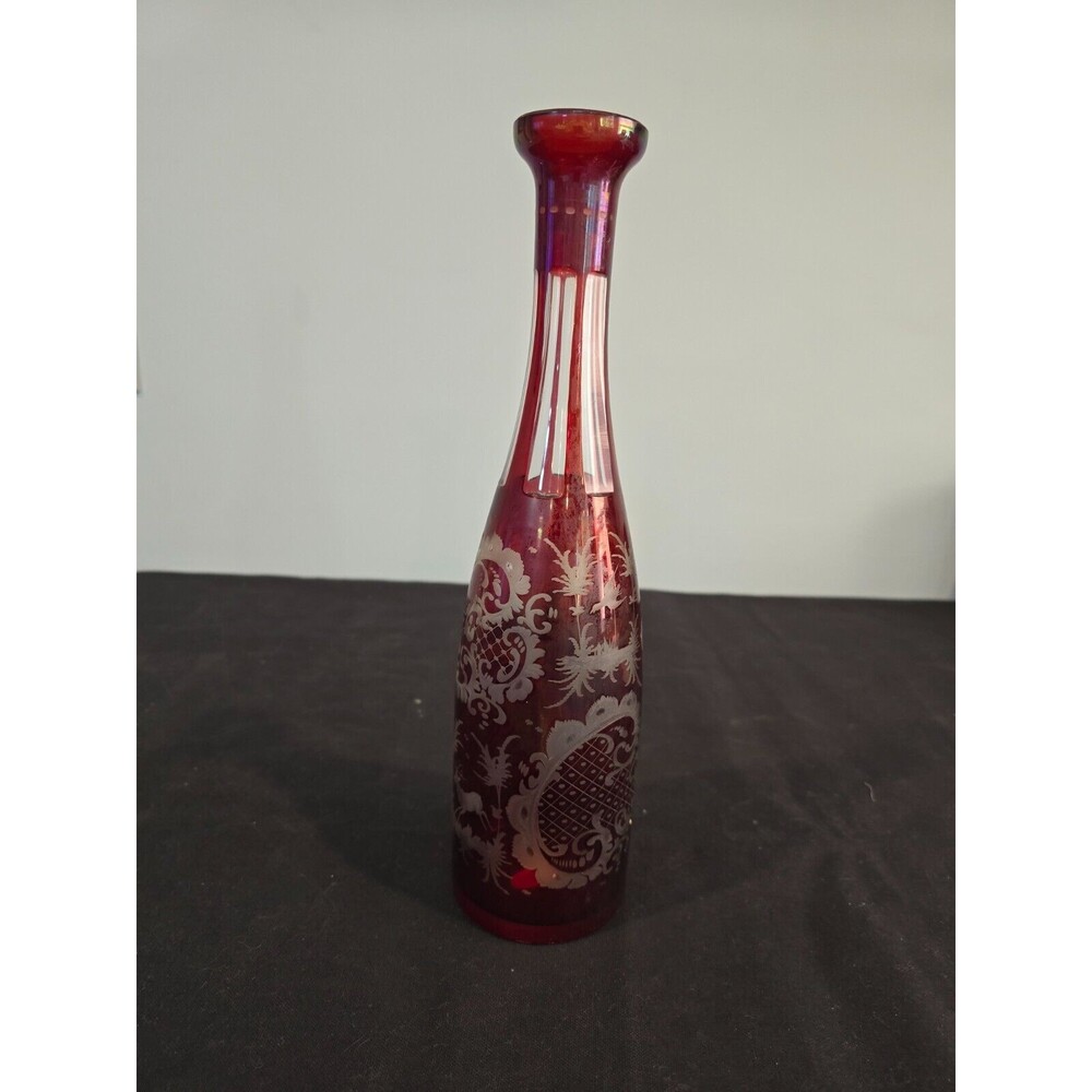 Bohemian Czech Ruby Red Hand Blown Cut to Clear Egermann-style Decanter w/ Label